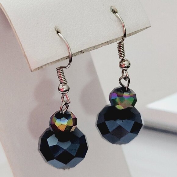 Hand Beaded Faceted Glass Drop Dangle Earrings Black Chinese Crystal Silver - Picture 4 of 7